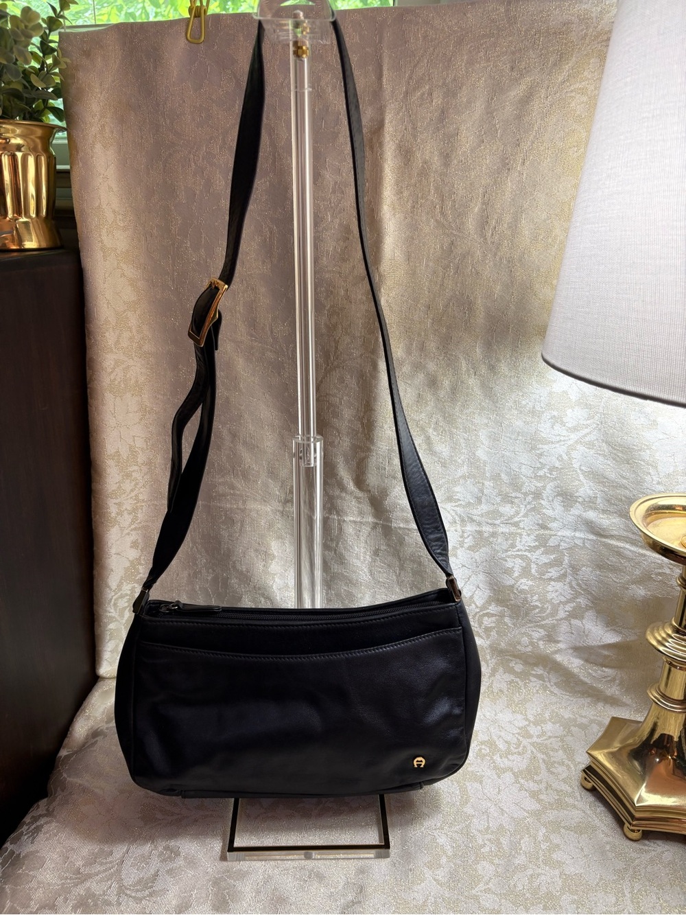 Etienne Aigner Black Leather shoulder Crossbody Bag with Gold Accents